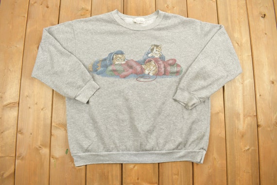 Vintage 1990s Cute Cats Sleeping Crewneck Sweater… - image 1