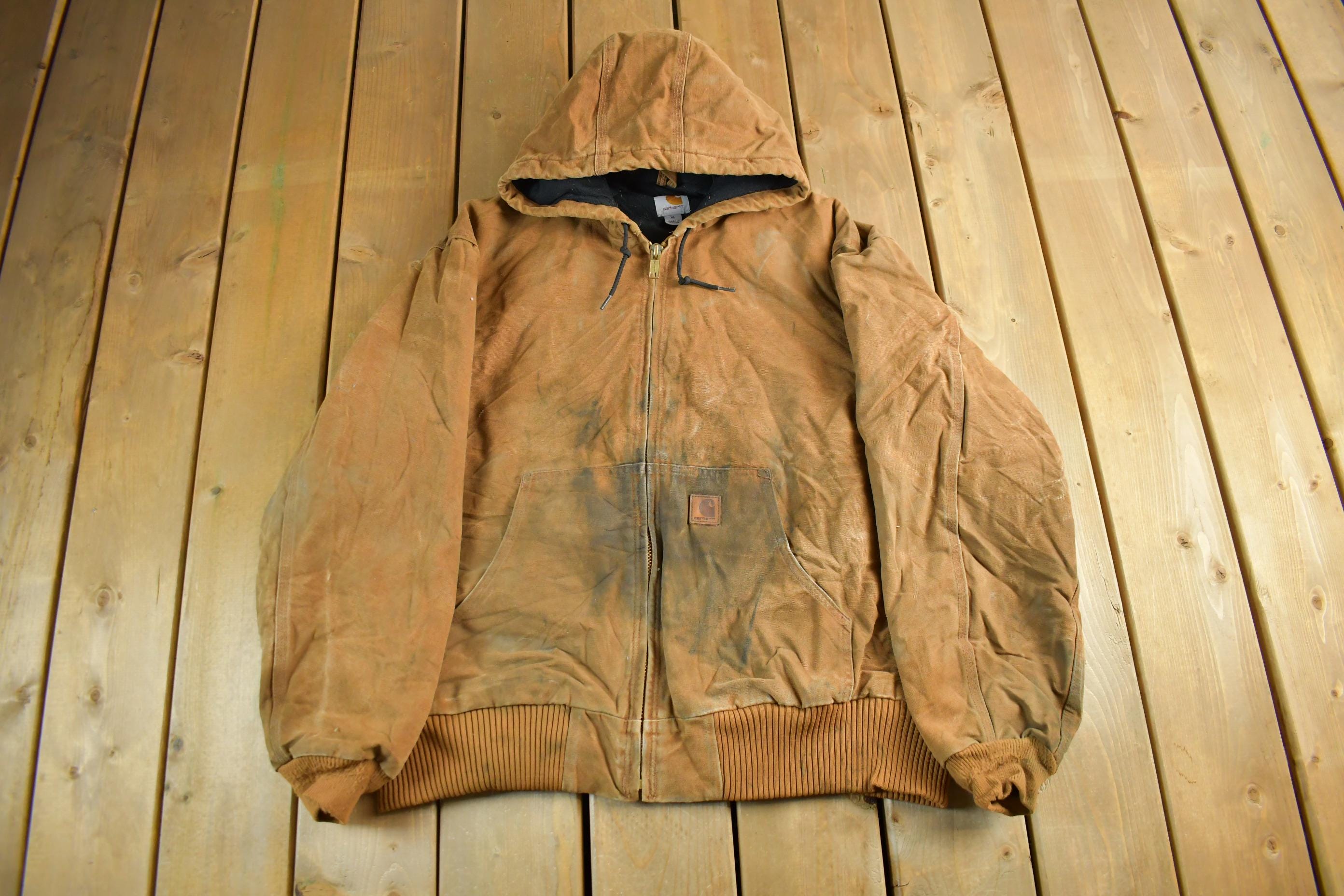 Vintage 1990s Carhartt Canvas Hooded Jacket Men's XL / Distressed