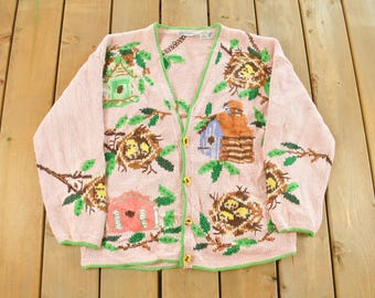 Vintage 1990s Raphels Floral Garden Hand Knit Cardigan Sweater Women's Medium / 90s Cardigan / Button Up / Grandma Sweater