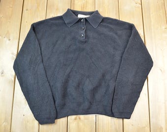 Vintage 1990s Norm Thomson Quarter Button Collared Knit Crewneck Sweater / 90s Crewneck / Made In USA / Preppy Knit