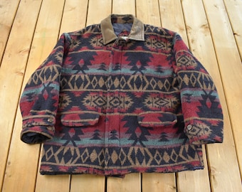 Vintage 1990s Aztec Navajo Western Wool Blend Jacket Men's L / 90s Jacket / Streetwear / Southwestern Cowboy Rancher / Full Zip / TT & Co
