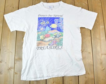Vintage 90er Jahre Sea Scape T-Shirt: Protect Our Natural Treasures Herren M