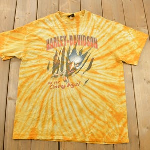 Vintage 2000 Boswell&#39;s Harley Davidson Nashville Tennessee Tie Dye Eagle Graphic T-Shirt / Yellow / AOP /