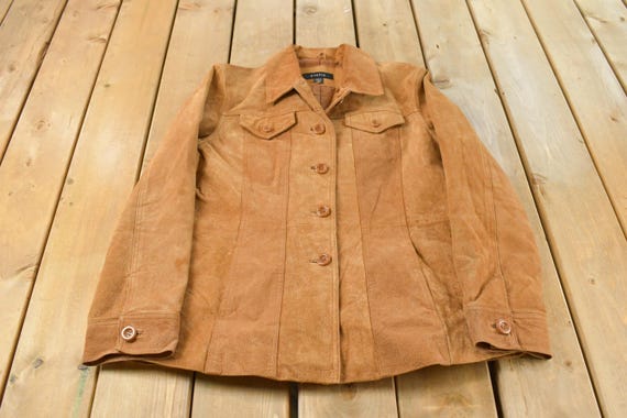 Vintage 1990s Static Tan Suede Leather  Jacket Women's Large/ Collared Jacket / Tan Jacket / Suede Jacket / Vintage Western Jacket