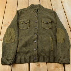 Vintage jaren 1990 Lauren Ralph Lauren gebreid vest trui dames XL / preppy gebreid vest / militaire stijl / elleboogpatch