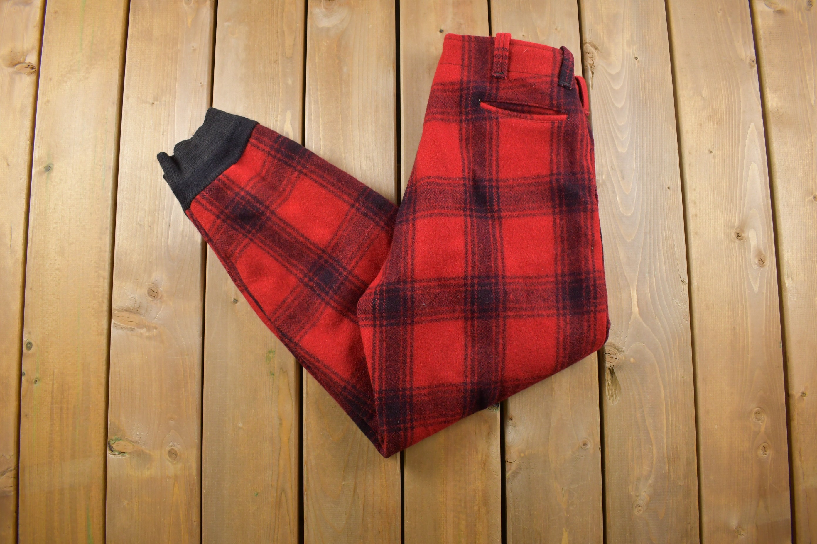 1950s Vintage Red Plaid Wool Trousers 38 X 30 / 1950s Plaid Wool