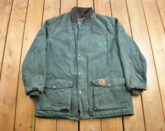 Vintage 1990s Carhartt Green Ranch Coat / Workwear / Vintage Carhartt / Distressed Carhartt / Embroidered / Blanket Lined / Made In USA