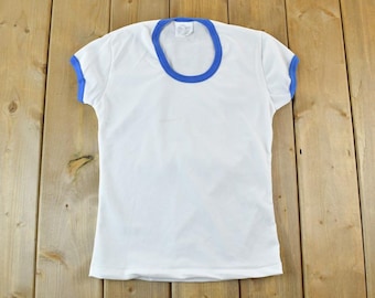 Vintage 1980s Blank White Ringer Single Stitch T-Shirt  / 80s Vintage Souvenir Tee / Rare Vacation Tee / Summer Shirt Made In USA