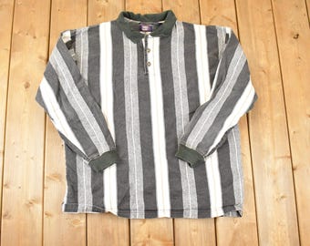 Vintage 1990s Faded Glory Horizontal Striped Button Up Shirt Mens L / Preppy Button Up / 90's Dress Shirt