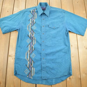 Vintage 1990s Wrangler Western Shirts Pearl Snap Short Sleeve Aztec Pattern Button Up Shirt / Size L /  South Western