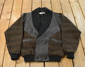 Vintage 1990s Index Leather Knit Cardigan Sweater Men's XL / Preppy Knit Cardigan / Fancy Knit Vintage Cardigan