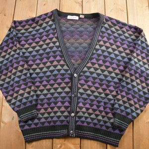 Vintage 1990s Rainbow Geometric Knitted Cardigan Sweater / Vintage Cardigan / Button Up / Abstract Pattern / Campus Cardigan Sweater