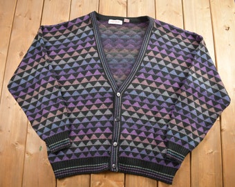 Vintage 1990s Rainbow Geometric Knitted Cardigan Sweater / Vintage Cardigan / Button Up / Abstract Pattern / Campus Cardigan Sweater