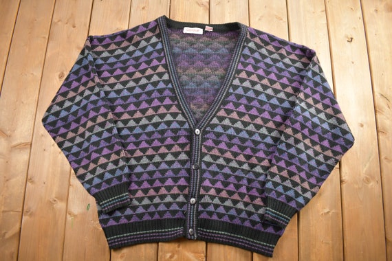 Vintage 1990s Rainbow Geometric Knitted Cardigan … - image 1