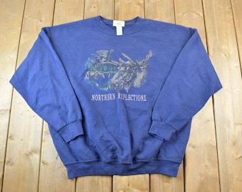 Vintage 1990s Northern Reflections Moose Theme Outdoorsman Crewneck Sweatshirt / Embroidered / Nature Sweater / Animal Sweater