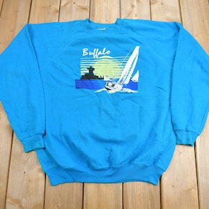Vintage 1980s Buffalo Sailing Graphic Raglan Crewneck Sweatshirt / Made In USA / Souvenir Sweater / Streetwear / Travel And Vacation