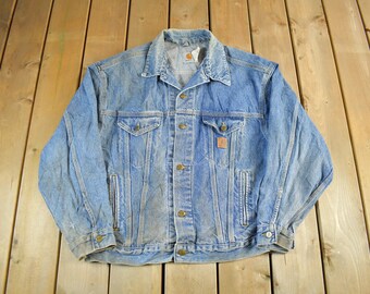 Vintage 1980s Carhartt Distressed Denim Trucker Work Jacket Men's Large / Made In USA / 80s Workwear Coat / Workman Jacket