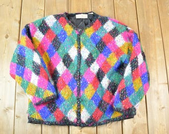 Vintage 1990s Jane's Closet Colourful Mohair Knit Cardigan Sweater Women's L / Vintage Cardigan / Button Up Cardigan / 90s Grunge