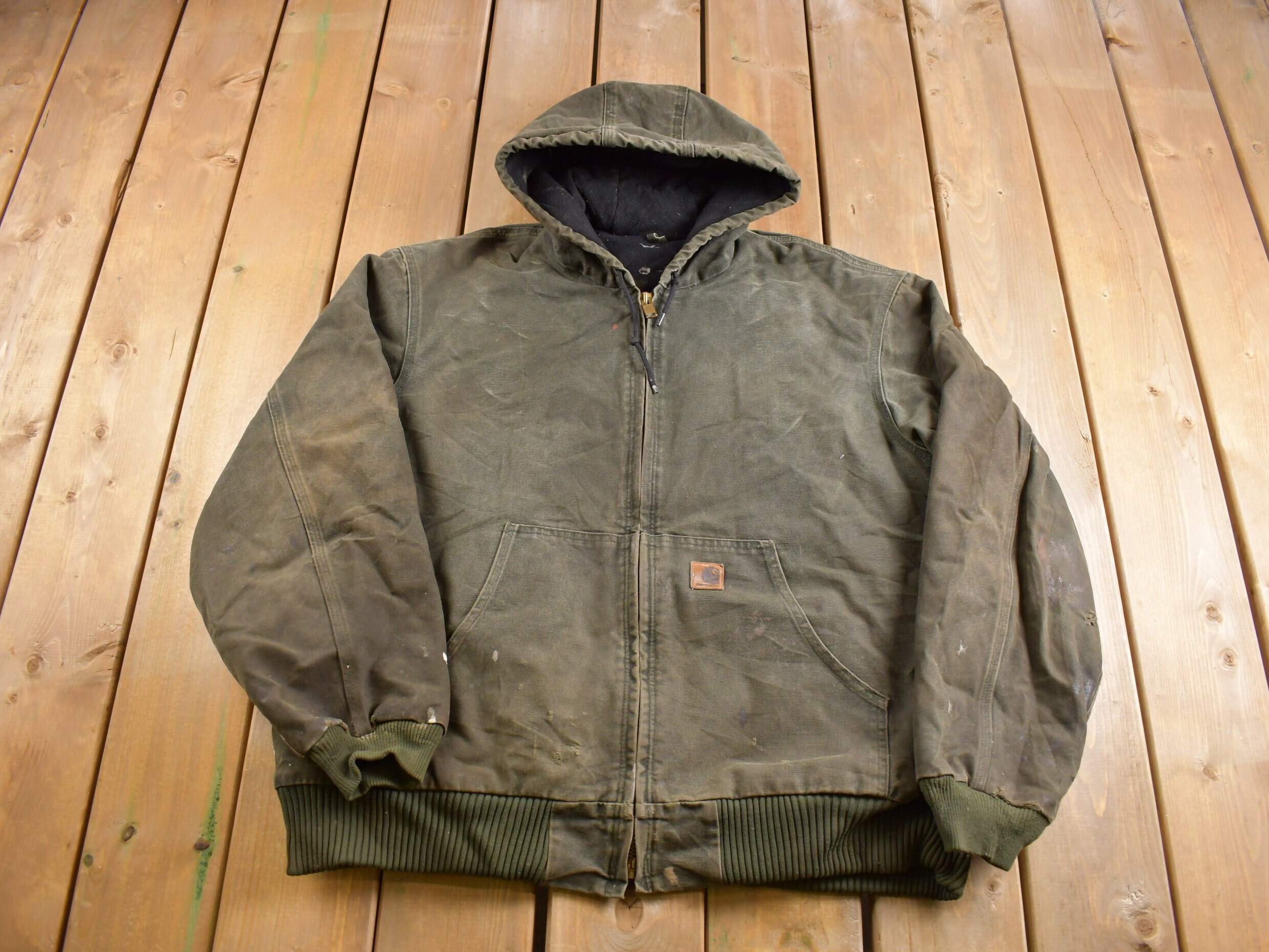 Vintage 1990s Carhartt Green Hooded Cinched Active Jac Work Jacket Workwear Distressed