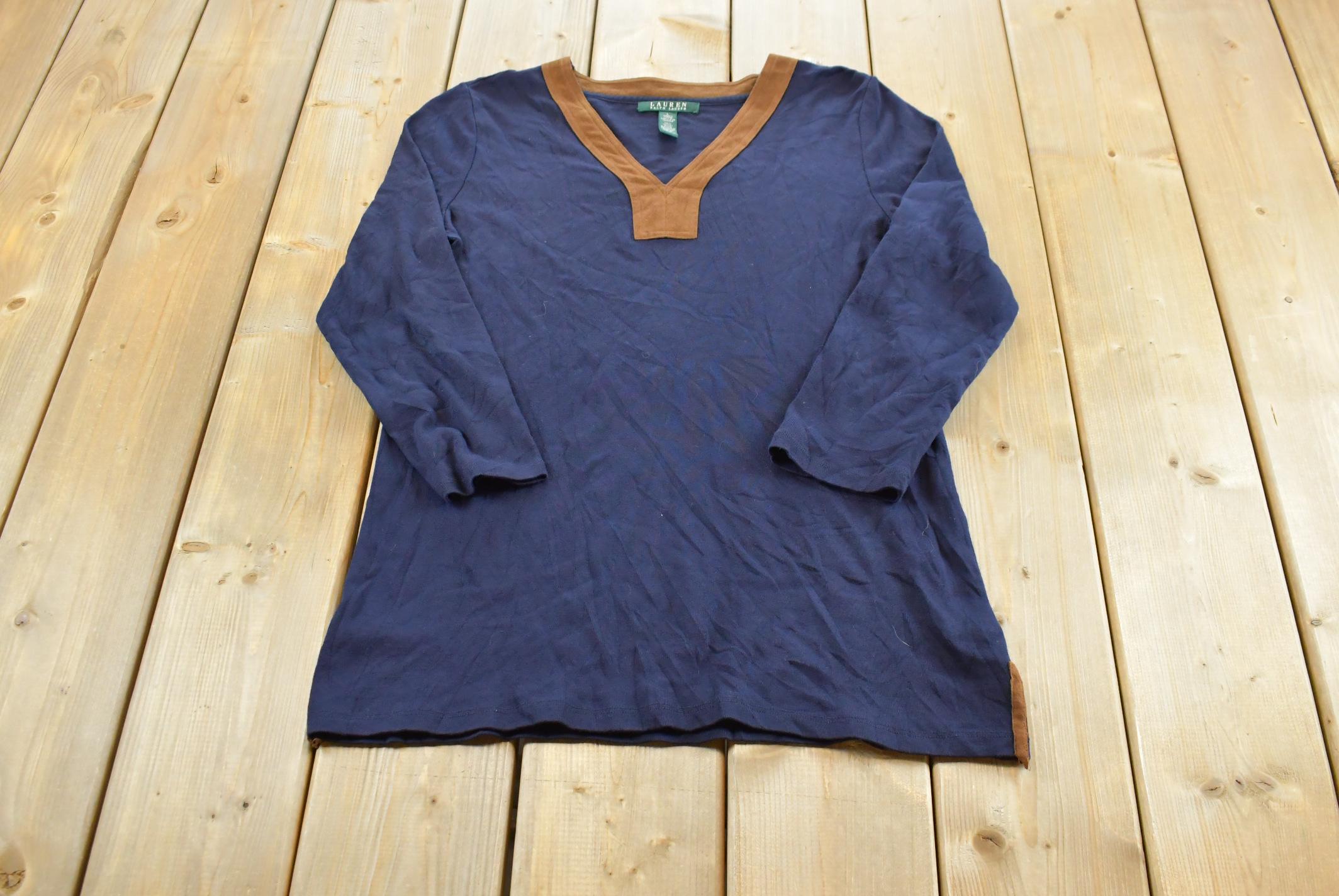 Vintage 1990s Lauren Ralph Lauren Polo Three Quarter Sleeve V-Neck Faux Suede Trim T-Shirt Women's L / 90s Streetwear