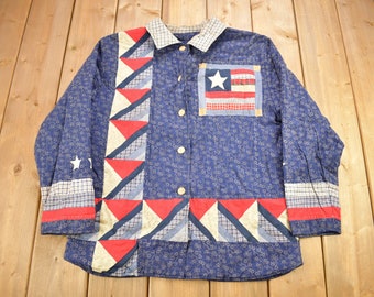 Vintage 1990s Abstract Patchwork Button Up Shirt / 1990's Button Up / Vintage Floral / Vintage Patchwork