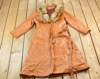 Vintage 1970s Genuine Leather Fox Fur Collar Trench Coat / Fall Outerwear / Leather Coat / Winter Outerwear / Fur Trench Coat / Overcoat