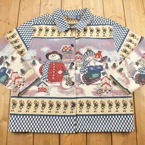 Vintage 1990s Christmas Graphic Patchwork Button Up Jacket / Embroidered Patchwork / Festive / Winter / Willow Ridge