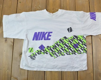 Vintage 1980s Nike Neon Graphic T-Shirt / Swoosh / Grey Tag / Nike Vintage / Nike Block Letters / Nike Check / 80s Nike / Nike Crop