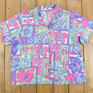 Vintage 1990s Blair Boutique Floral Geometrisches Kurzarm-Shirt mit Knopfleiste