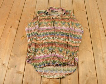 Camicia vintage anni '90 con stampa all-over azteca e citronella, da donna, taglia S / Camicia anni '90 / Camicia western / Camicia basic / Navajo / Boho