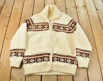 Suéter vintage Cowichan de los años 70, tejido a mano con cremallera completa, para hombre, talla grande, auténtico, estilo vintage, para exteriores, con copos de nieve nórdicos.