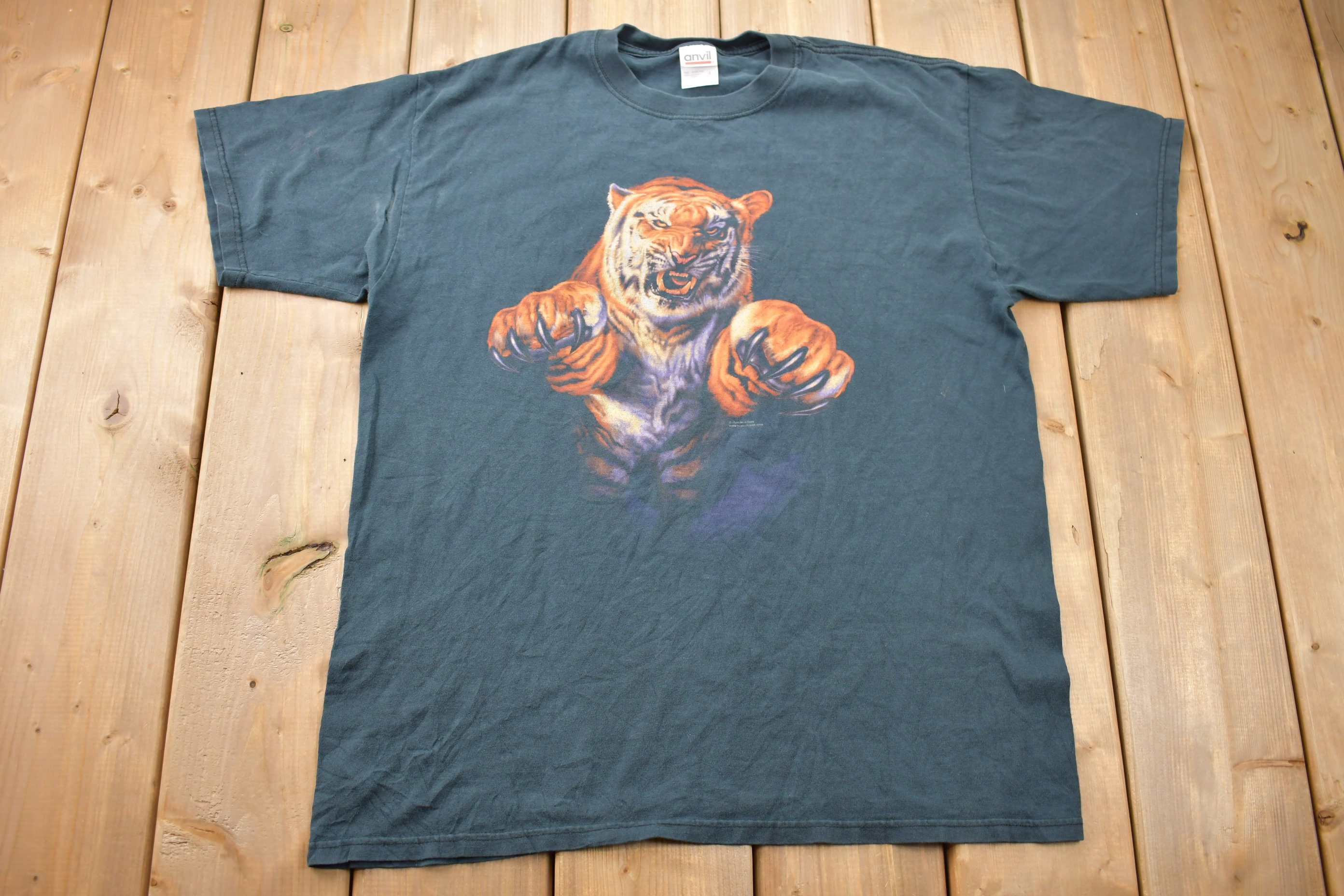 Vintage 1990s Tiger Jumping Double Sided Graphic T Shirt