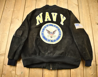 Vintage 1980s United States Navy Suede Varsity Style Jacket / Patchwork / Army Jacket / Vintage Souvenir / Streetwear Fashion /