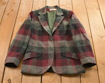 Vintage 1970s The Villager Wool Plaid Button Blazer Jacket Women's M / Wool Jacket / Preppy / Plaid Pattern