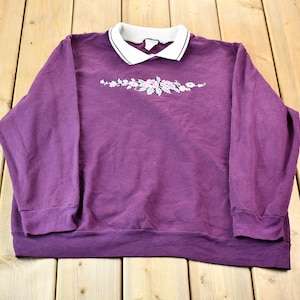 Vintage 1990s Dark Purple Floral Collared Graphic Sweatshirt / 90s Crewneck / Grandma Sweater