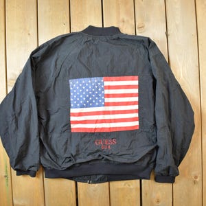 Vintage 1990s Guess USA American Flag Back Logo Bomber Jacket