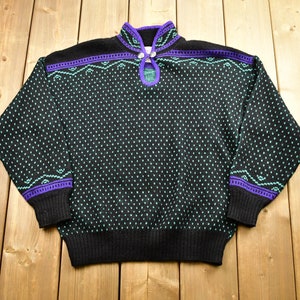 Vintage 1990s Alps Ladies Quarter Button Knit Sweater / Vintage 90s Crewneck / Polka Dot / Funky Pattern Print / Neon Color / Outdoorsman