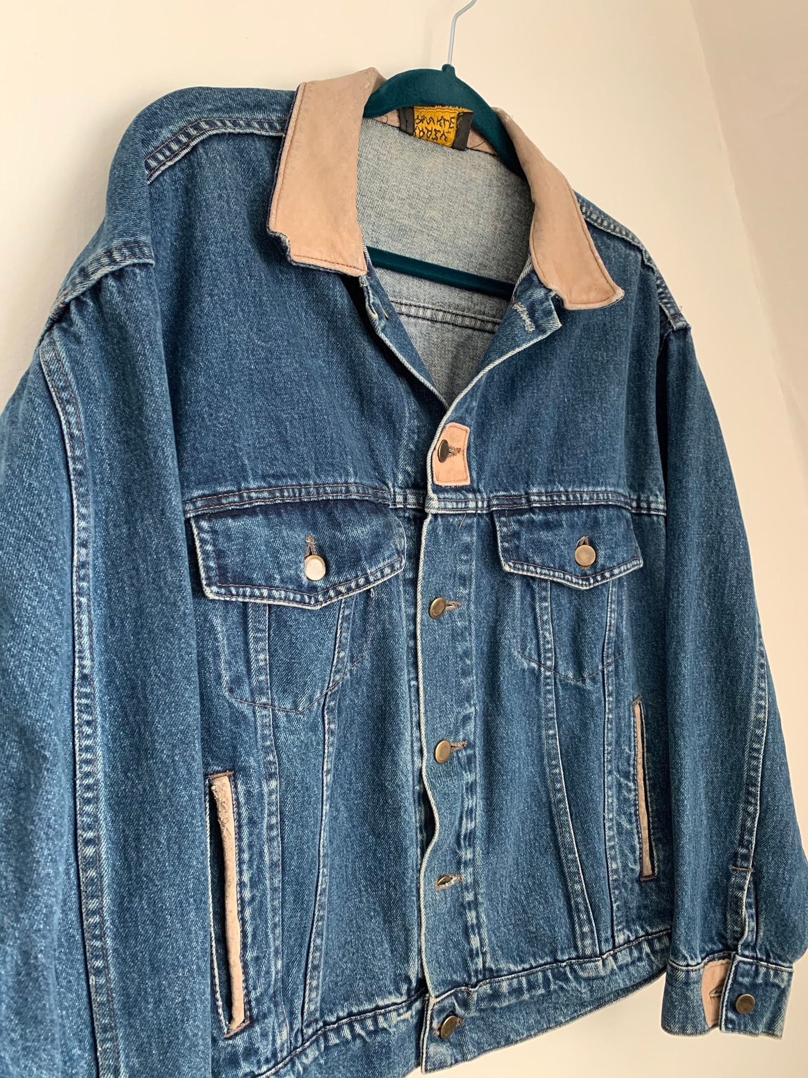 Denim Jacket / Medium Wash Denim / Leather Collar / Denim | Etsy