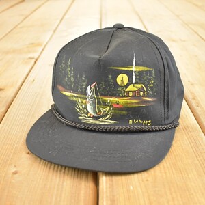 Vintage 1990s Hand Painted Fishing Snapback Hat / 90's Embroidered Outdoorsman Cap
