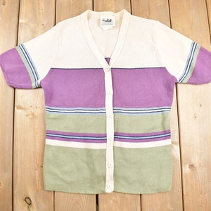 Vintage 1990s Northern Reflections Knitted Short Sleeve Cardigan Sweater / Striped / Vintage Cardigan / Cute / made in Canada