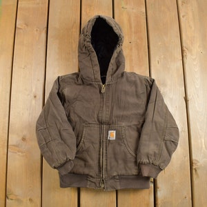Vintage 1990s Carhartt Youth Size Hooded Work Jacket / Workwear / Streetwear / Brown Jacket / 90s / Distressed Carhartt / Baby Carhartt