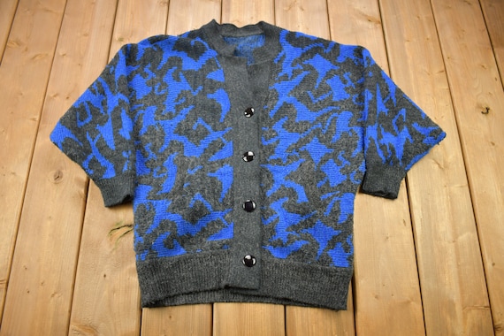 Vintage 1990s All Over Pattern Knitted Cardigan Sweater / Vintage Cardigan / Button Up / Abstract Pattern