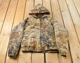 Vintage 2000s Russell Athletic Tree Camo Full Zip Hunting Jacket Youth Medium / Outdoors Hunting Gear / Outdoorsman / Hooded Jacket