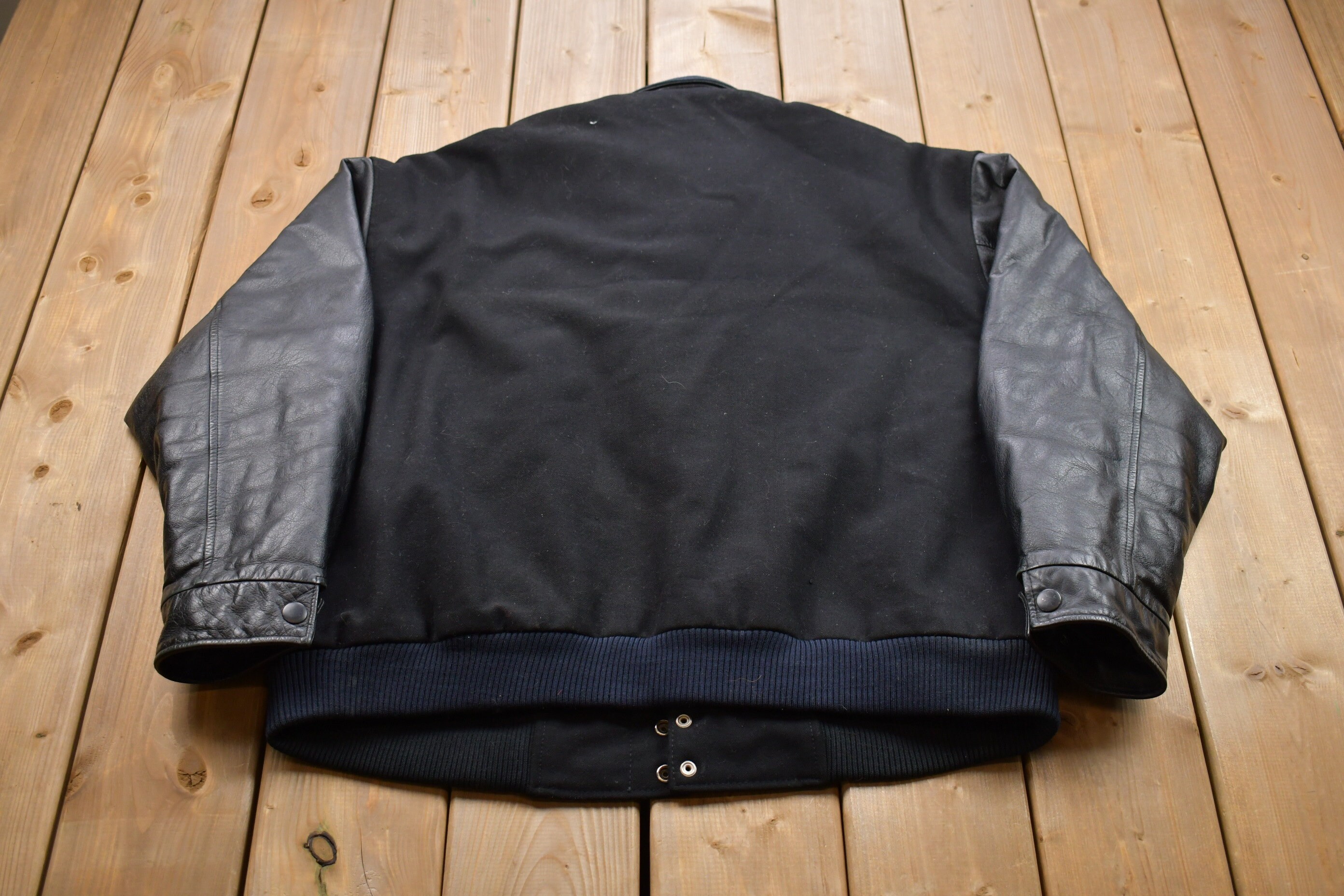 Vintage 1990s Outer Boundary Sowa Leather Varsity Jacket Vintage 1990s Outer Boundary Sowa Leather Varsity Jacket