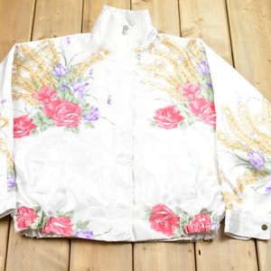 Vintage 1990s Floral Reversible Satin Full Zip Jacket Athleisure Streetwear / Athletic Sportswear / Streetwear / 90s Satin Jacket