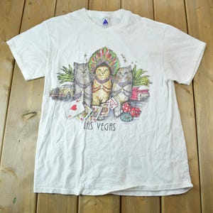Vintage 1990s Las Vegas Casino Theme Cat T Shirt / Size L / Vacation Tee / Travel T Shirt / Cat T Shirt