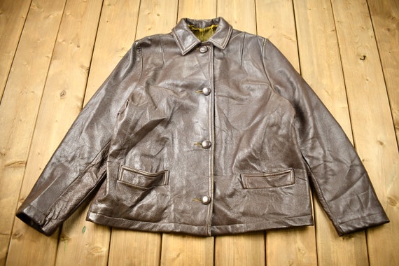 Vintage 1980s Brown Leather Button up Jacket / Chocolate Brown