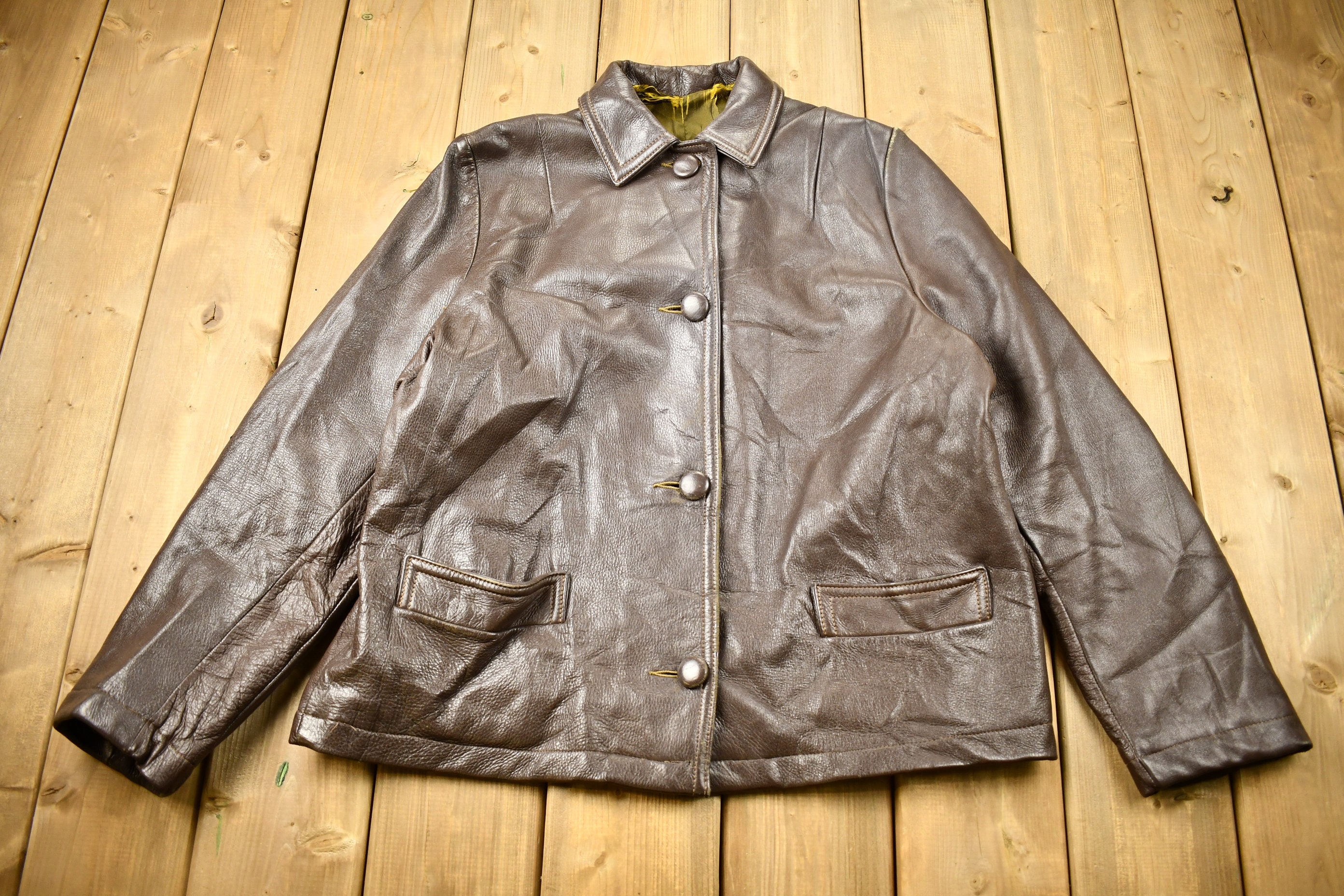 ジャケット・アウター 1980s Euro Vintage Brown Leather Jacket Vintage 1980s Brown Leather Button up Jacket / Chocolate Brown