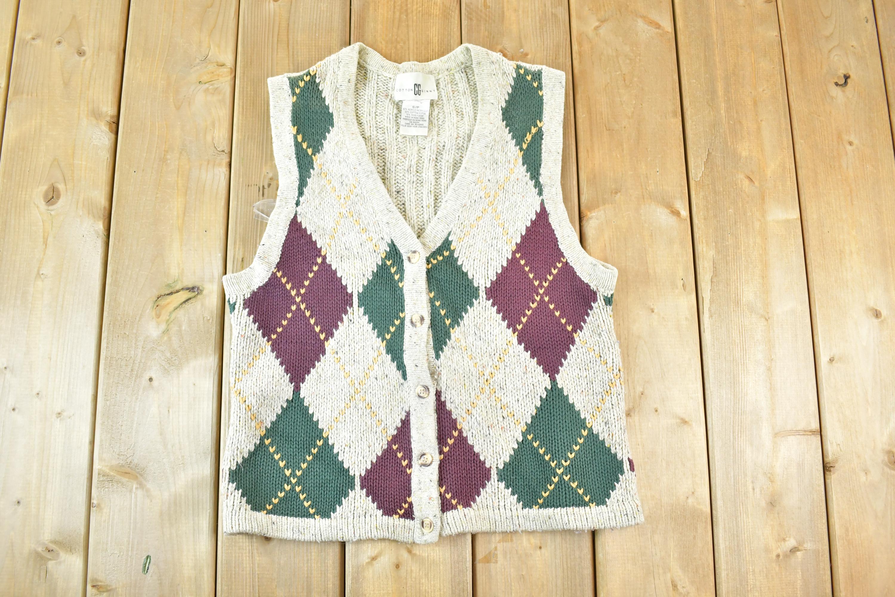 Vintage 1990s Cotton Ginny Argyle Pattern Chunky Knit Cardigan 