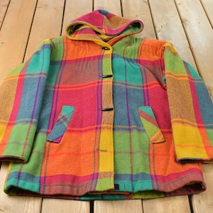 Vintage 1980s Braetan Plaid Hooded Overcoat Parka Wool Jacket Women's L / 80s Streetwear / Made In USA / Outerwear